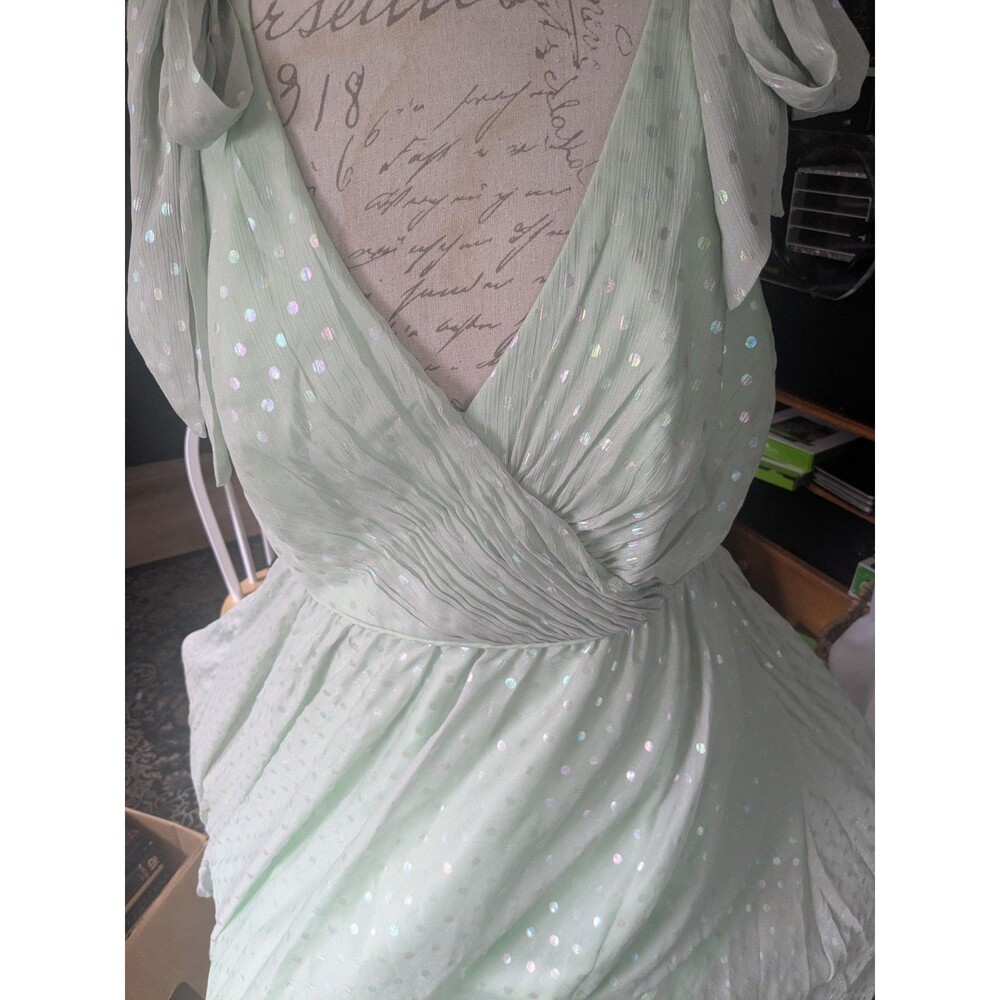 NWT Mac Duggal [ PLUS 16W ] 68120 Iridescent Polka Dot Soft Tie Gown Sage S1198